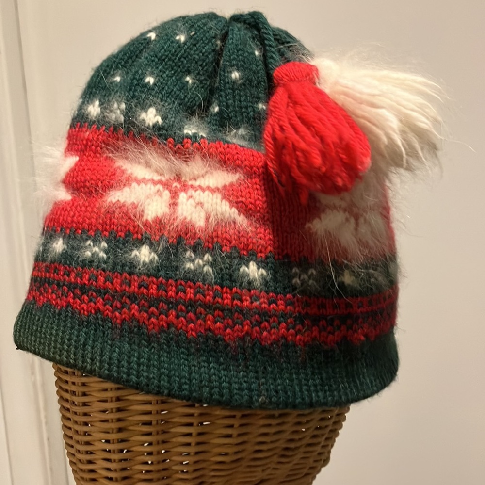 Vintage Green red snowflake wool hat